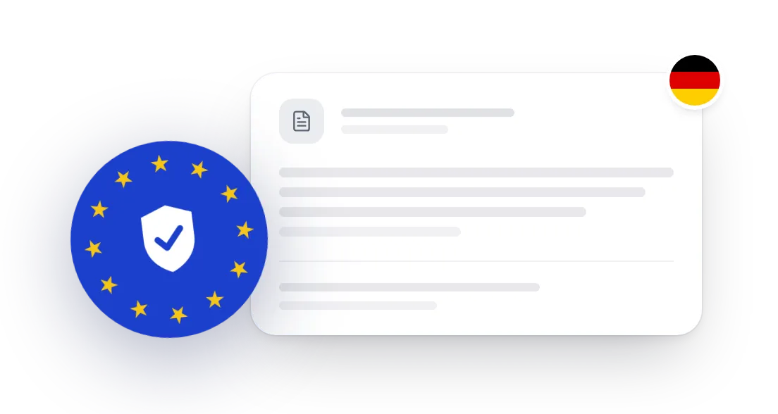 EU-Emblem auf einer Dokumentkarte mit Deutschland-Flagge: DSGVO-konforme, in der EU gehostete Umsetzung.