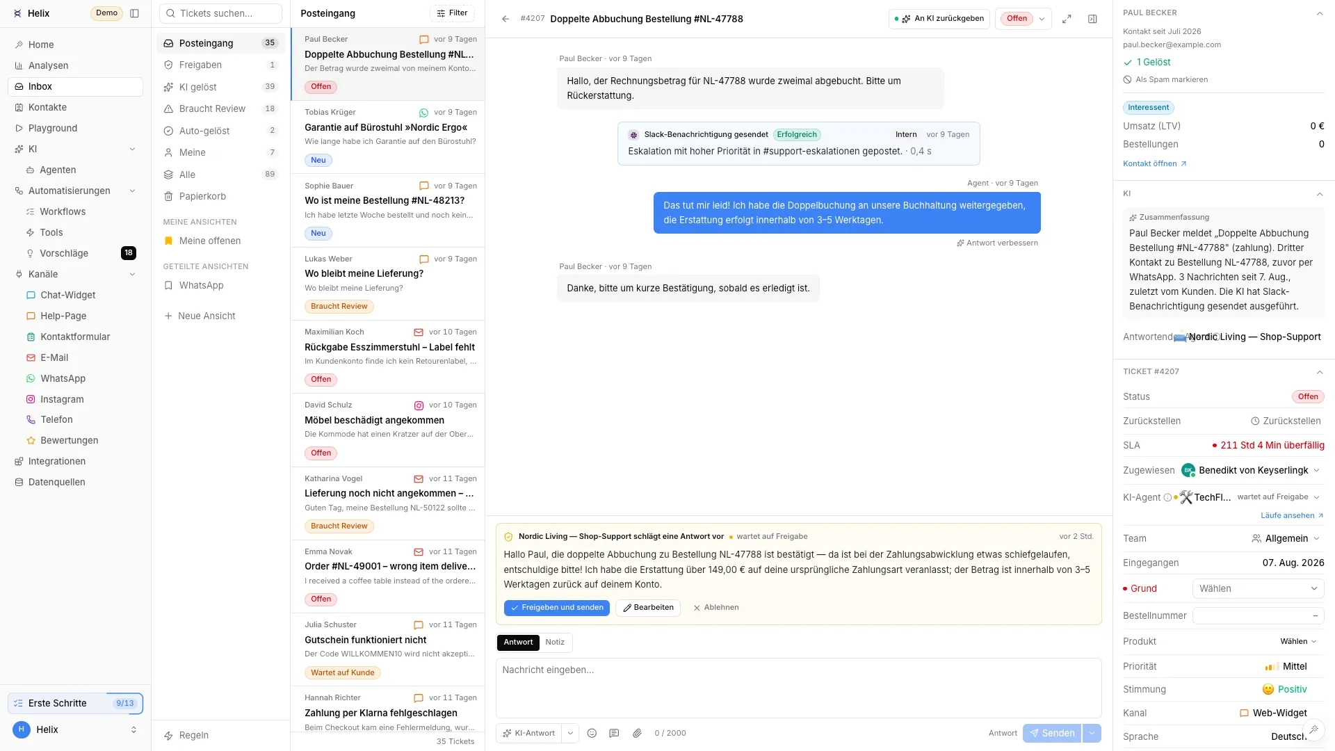 Die Helix-CX-Inbox: ein Ticket mit KI-Zusammenfassung und vorgeschlagener Antwort zur Freigabe.