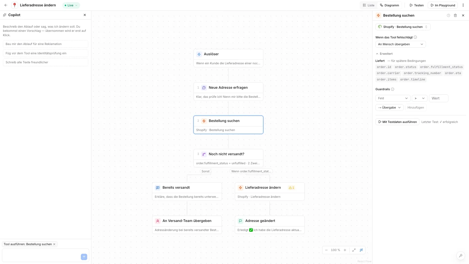 Der Helix-CX-Workflow-Editor: der Ablauf „Lieferadresse ändern" mit Shopify-Anbindung.