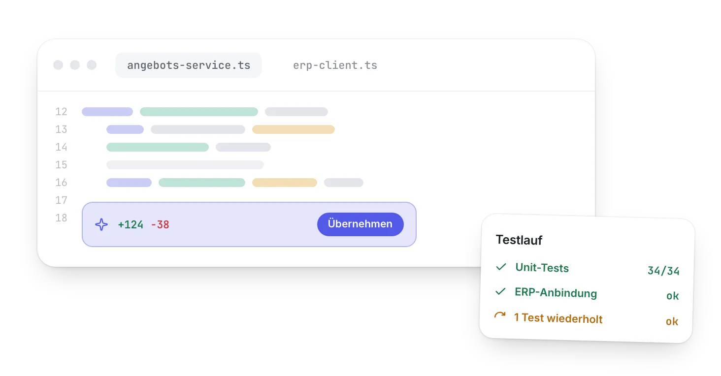 Softwareentwicklung: Editor mit KI-Vorschlag (+124/−38) und grünem Testlauf, 34 von 34 Unit-Tests bestanden, ein Test wiederholt.